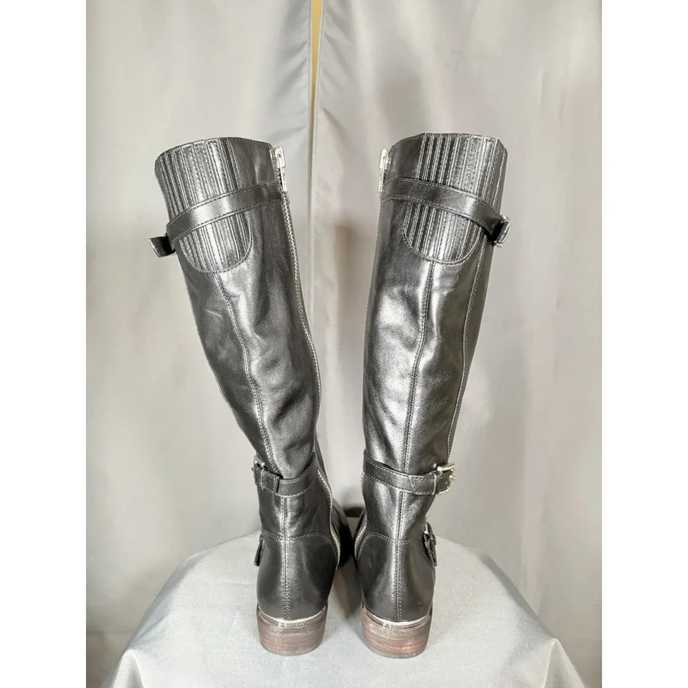 COACH Micha Black Leather Riding Boots Knee High Buckle Straps Size 8 B EUC